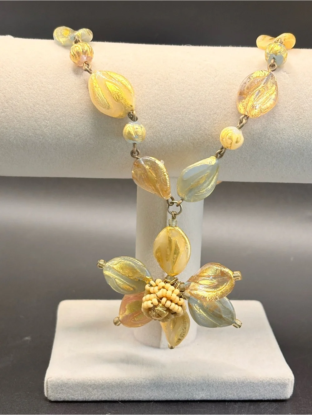Genninger Murano Glass Necklace Bracelet Earrings Set Gold Foil Flower
